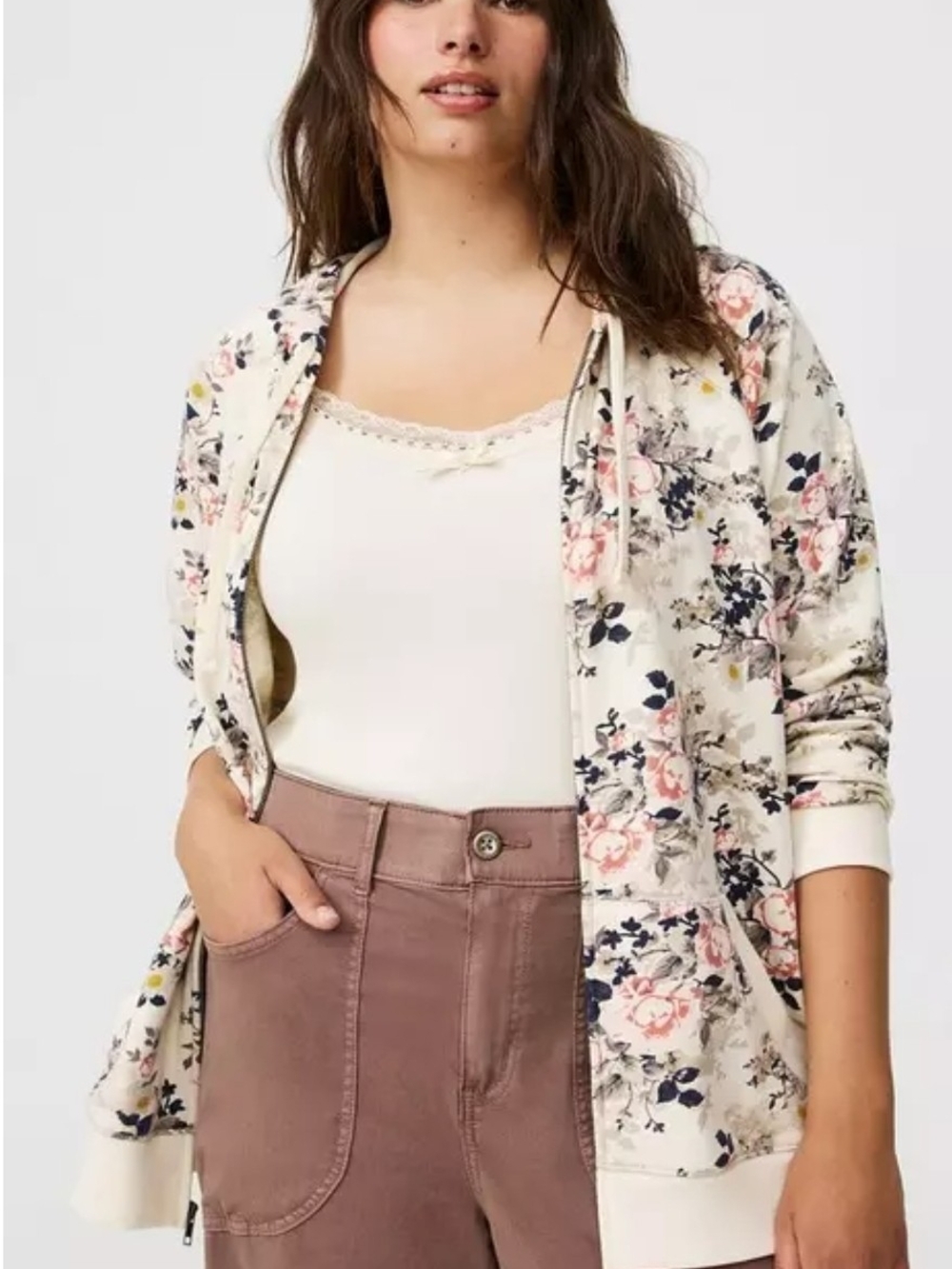 torrid Cream Floral Zip Hoodie with Pink & Navy Accents
